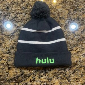 Hulu Promo Beanie Hat Mens Gray White Striped Cuffed Knit Pom Pom Fleece Lined